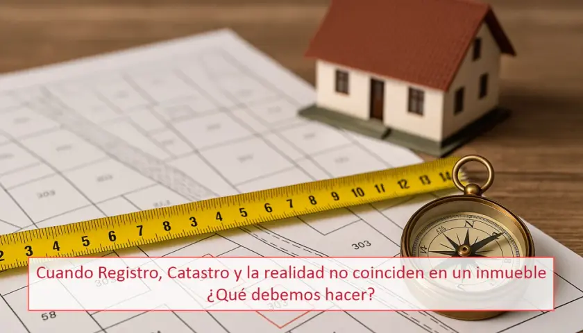 Plano de una finca registral con cinta métrica, brújula y maqueta de casa.