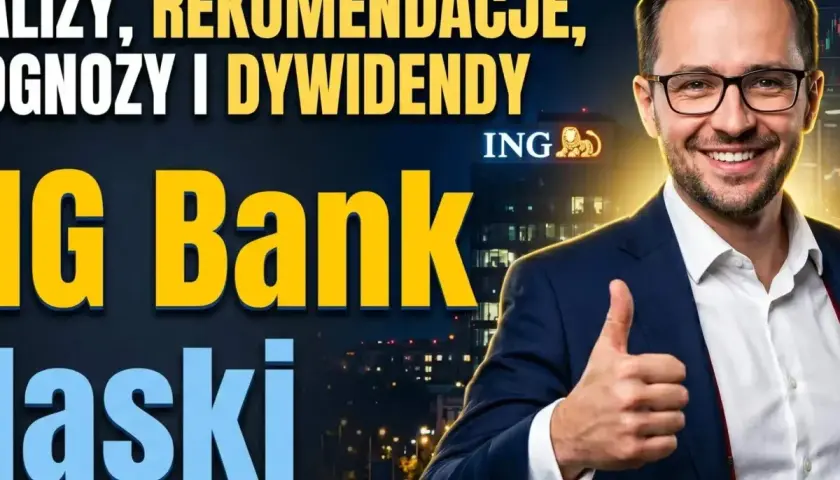 Uśmiechnięty mężczyzna w garniturze pokazuje kciuk w górę. W tle logo ING Bank Śląski i napisy o analizach i dywidendach.