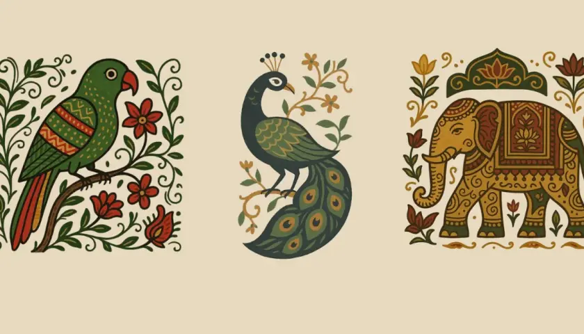 Un perroquet vert, un paon et un éléphant décoré, dans un style motif tissu indien aux couleurs vives.