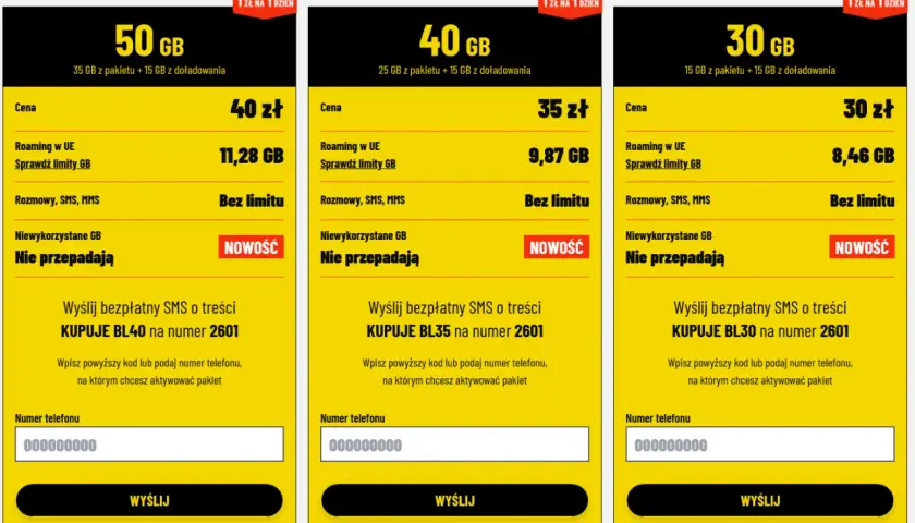 Porównanie ofert na kartę: 50 GB za 40 zł, 40 GB za 35 zł, 30 GB za 30 zł. Wszystkie z nielimitowanymi rozmowami i SMS.