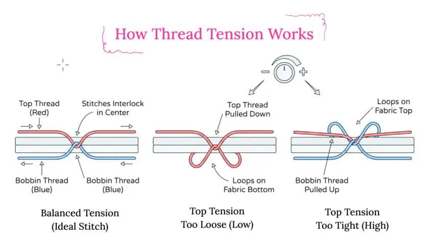 Diagrams illustrating how thread tension affects stitches. Shows balanced, loose, and tight top tension, with loops on fabric top or bottom.
