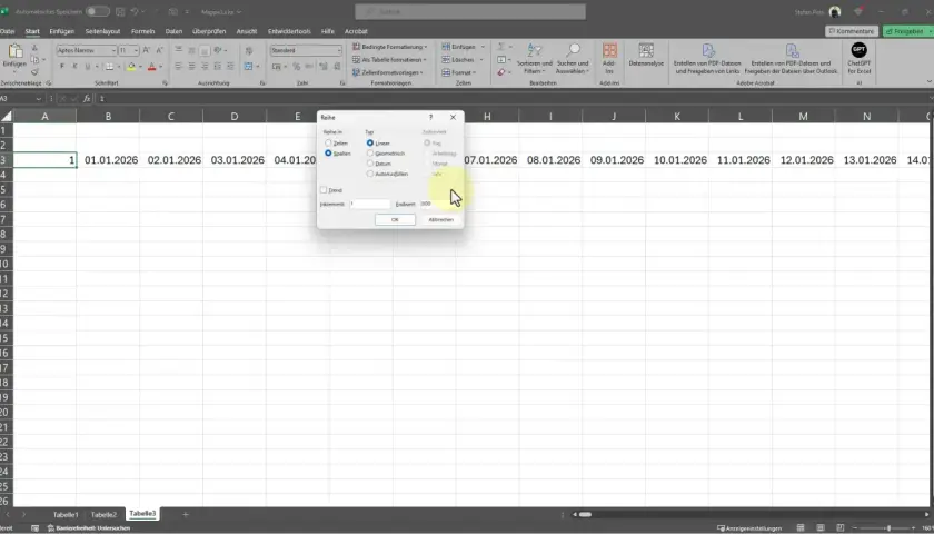 Excel mostra il riempimento automatico di date, con opzioni per serie, tipo e unità di tempo.