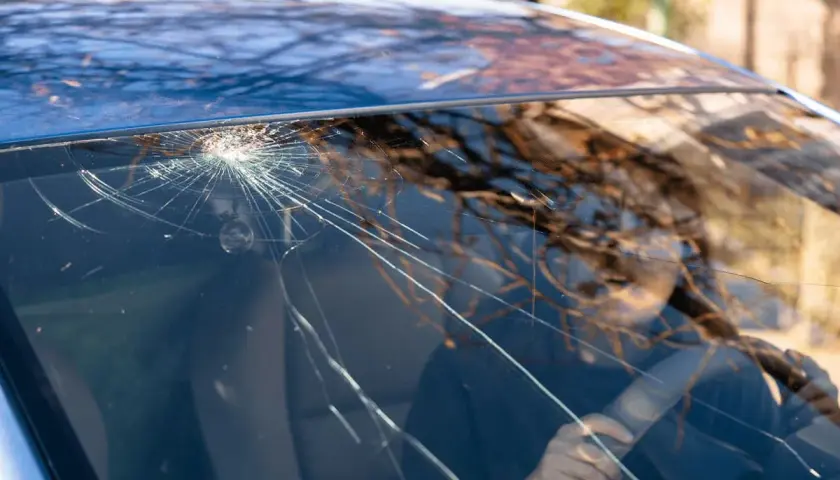 Un parabrezza rotto mostra una ragnatela di crepe che si irradiano da un punto d'impatto. Riflessi di alberi e una persona al volante sono visibili attraverso il vetro danneggiato.