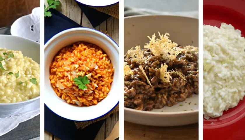 Cuatro deliciosos **arroz italiano tipos**: cremoso, con tomate, de chocolate y blanco.