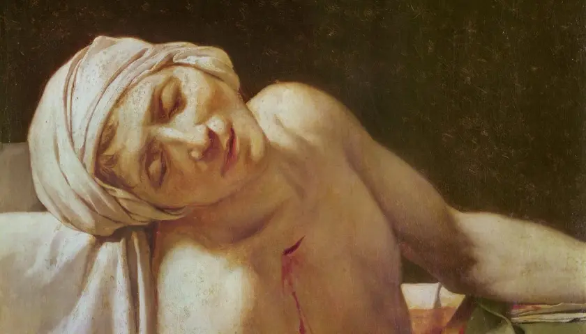 Der Tod des Marat: Ein Mann mit Kopftuch liegt leblos in einer Wanne, eine Wunde auf der Brust.