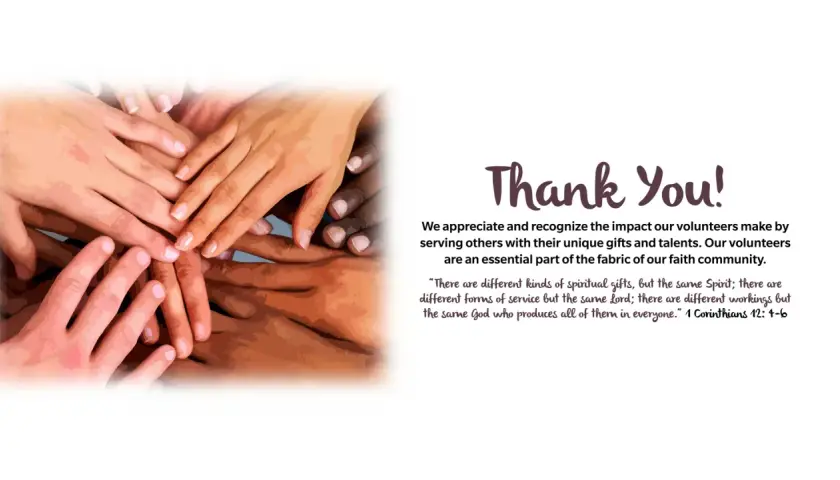 A diverse group of hands are stacked together, symbolizing unity. Text reads "Thank You!" and expresses appreciation for volunteers' service to the community.
