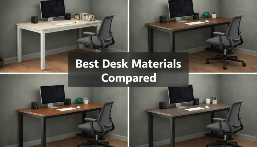 Four desks showcase different desk wood types: light oak, walnut, cherry, and dark oak.