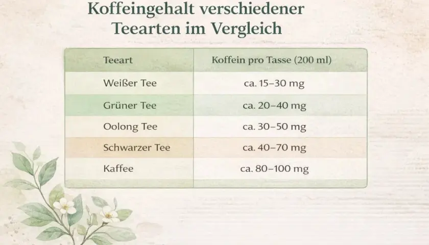 Vergleich des Koffeingehalts verschiedener Teesorten: Weißer Tee (15-30mg), Grüner Tee (20-40mg), Oolong Tee (30-50mg), Schwarzer Tee (40-70mg) und Kaffee (80-100mg) pro Tasse.