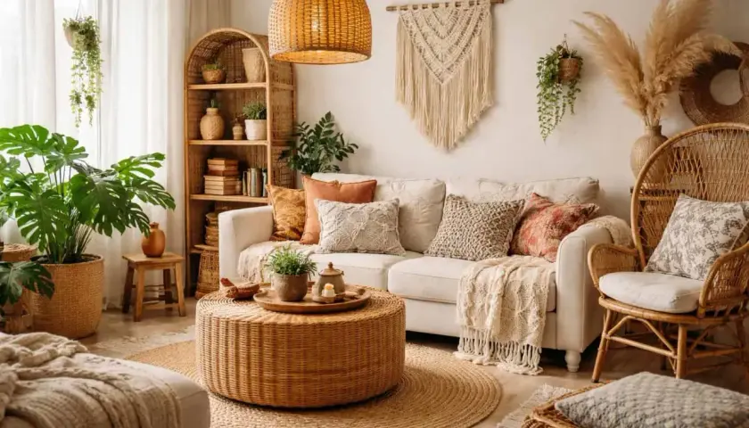 Przytulny salon w stylu boho z wiklinowymi meblami, makramą na ścianie i mnóstwem roślin. Inspiracja stylem Memphis w naturalnych materiałach.