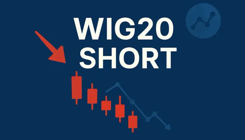 WIG20 SHORT. Wykres świecowy i liniowy wskazują na spadki. Czerwona strzałka podkreśla negatywny trend. Komentarze dotyczące WIG20 mogą być pesymistyczne.