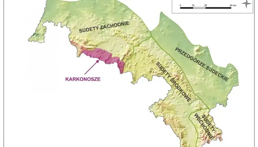 Mapa pokazuje, gdzie są Karkonosze, jako część Sudetów Zachodnich.