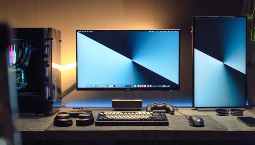 Stacja robocza z dwoma monitorami, klawiaturą, myszką i komputerem. Dowiedz się, jak podłączyć dwa monitory do PC, aby zwiększyć produktywność.