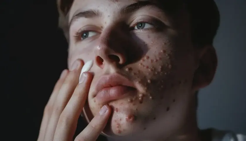 Młoda osoba z trądzikiem aplikuje biały krem, być może **Sudocrem na twarz**, aby złagodzić zmiany skórne.
