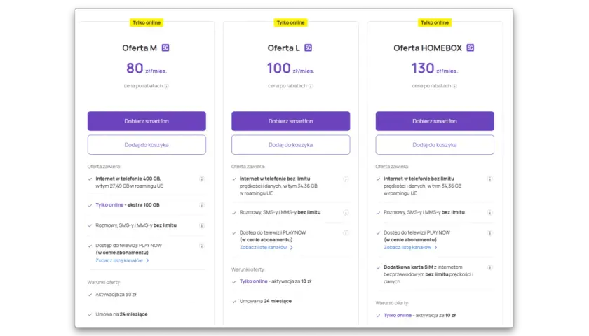 Porównanie ofert internetu we Francji: M (400 GB), L (bez limitu) i HOMEBOX (bez limitu) z opcją 5G.