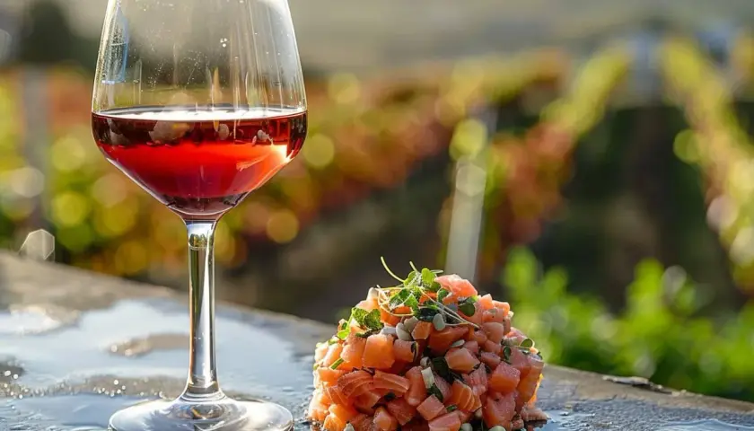 Un verre de vin rouge près d'un tartare de saumon, avec des vignes en arrière-plan. Quel vin rouge avec du saumon ? Une belle association.