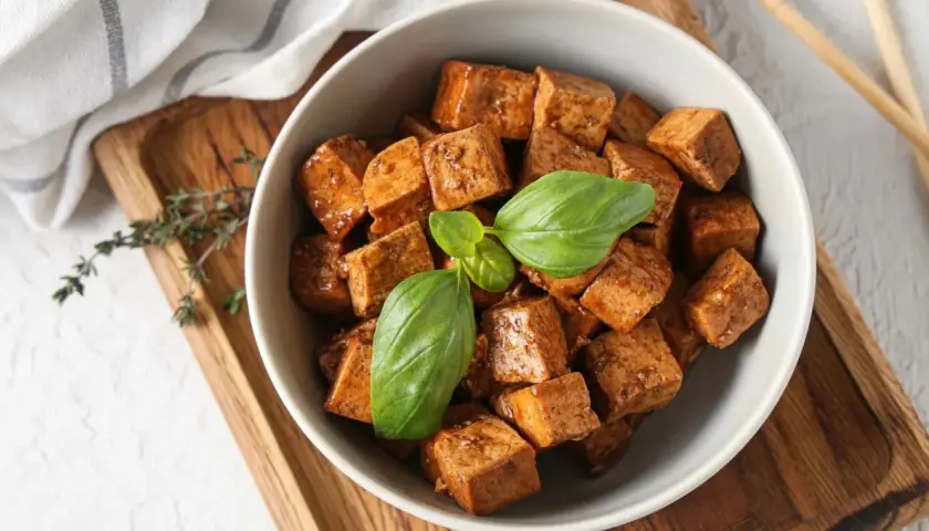 A bowl of glazed, cubed japanese tofu, garnished with fresh basil leaves, sits on a wooden tray next to chopsticks.