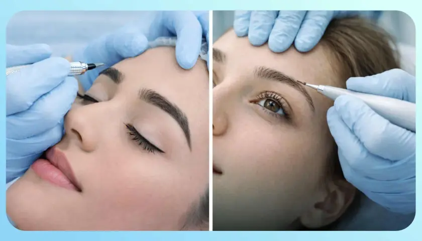 Proceso de microblading cejas. Manos enguantadas trabajan en las cejas de una mujer para un resultado natural y definido.
