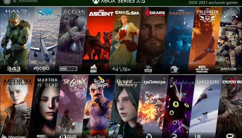 Kolekcja najlepszych gier na Xbox Series X: Halo Infinite, Microsoft Flight Simulator, Scorn, The Ascent, Call of the Sea, Gears Tactics, Darktide, The Falconeer, Enlisted.