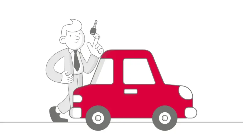 Uomo con chiave in mano accanto a un'auto rossa, simbolo del passaggio di proprietà auto defunto con più eredi.