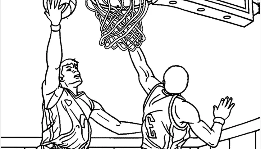 Dos jugadores de baloncesto en acción, listos para ser coloreados. ¡Perfectos dibujos de baloncesto para colorear!