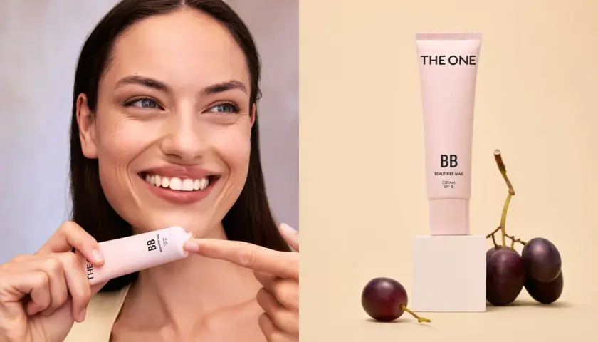 Glad kvinna med en tub BB cream. Jämförelse mellan bb cream vs cc cream.
