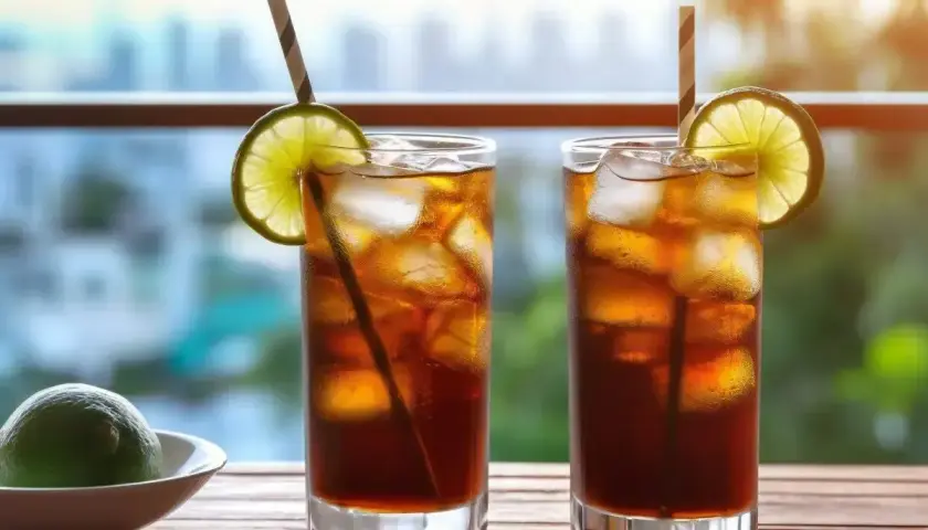 Dwa drinki Long Island Iced Tea z lodem, limonką i słomkami na drewnianym stole, z rozmytym tłem miasta.