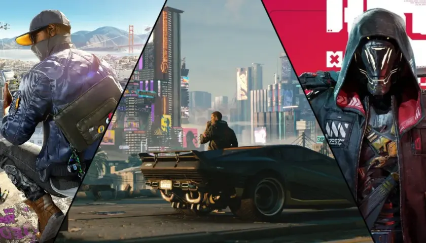 Kompilacja scen z gier podobnych do Cyberpunk: haker w mieście, futurystyczny samochód i postać w masce.