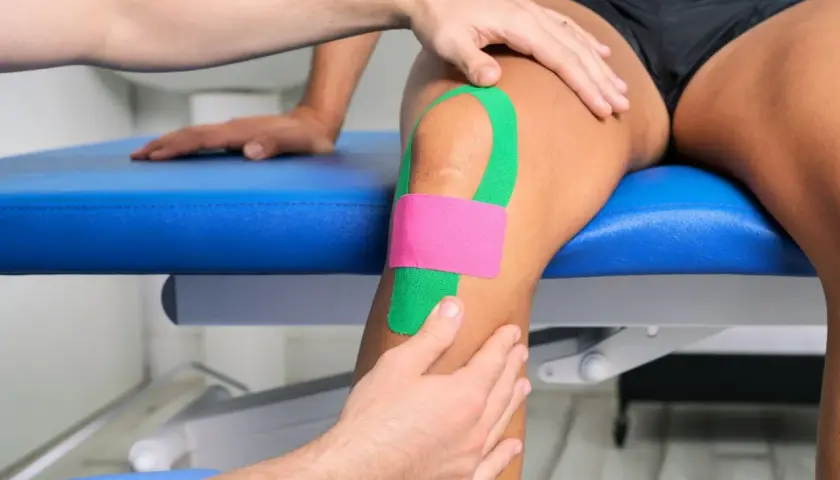 Un fisioterapeuta aplica bandas kinesiologicas verdes y rosas en la rodilla de un atleta para mejorar su recuperación y rendimiento.