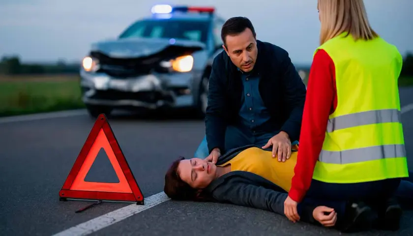 Un hombre y una mujer asisten a una persona en el suelo tras un accidente de coche. Triángulo de emergencia visible. Saber qué hacer en caso de accidente de coche es vital.