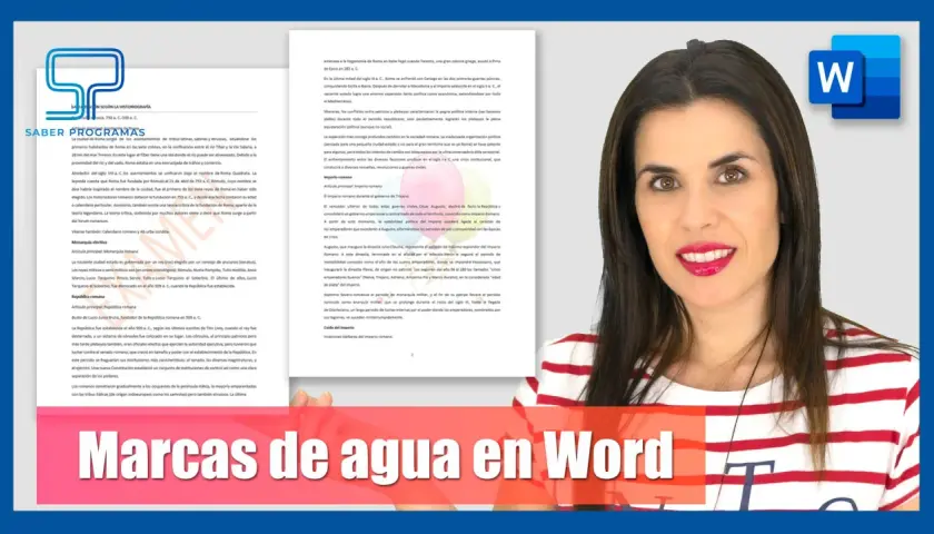Mujer sonriente con texto "Marcas de agua en Word" y logo de Microsoft Word.