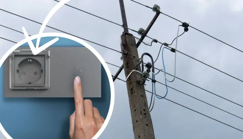 Dłoń naciska przycisk obok gniazdka, sugerując łatwy dostęp do energii, jakby z linii WLZ.
