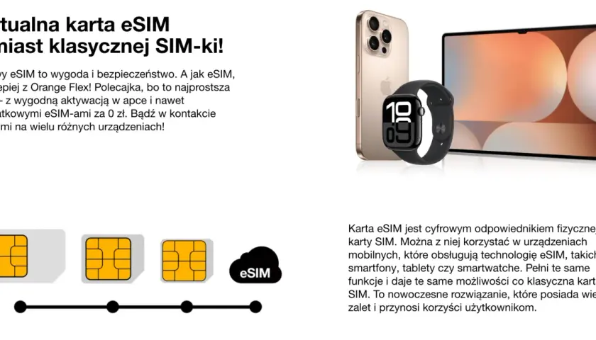 Wirtualna karta eSIM zamiast tradycyjnej SIM. Zdjęcie przedstawia smartfon, smartwatch i tablet, a także ikony kart SIM i chmurkę z napisem eSIM.