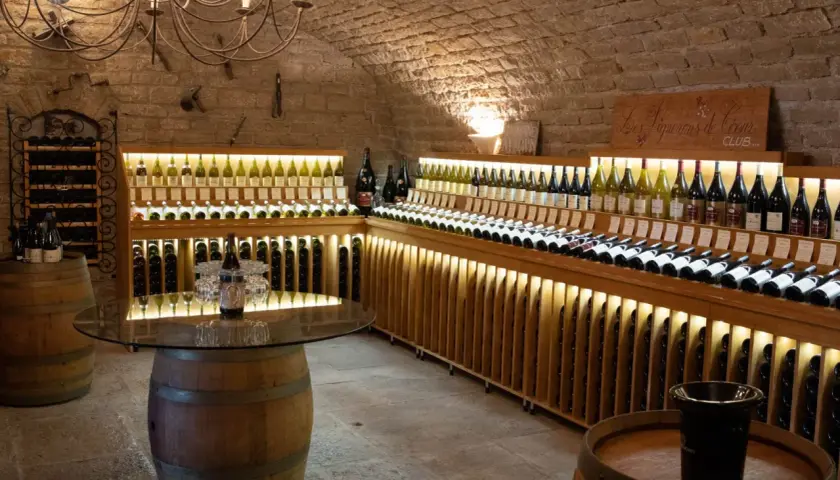 Cave voûtée du **domaine de Montmain** avec étagères en bois illuminées présentant de nombreuses bouteilles de vin, tonneaux et lustre ancien.