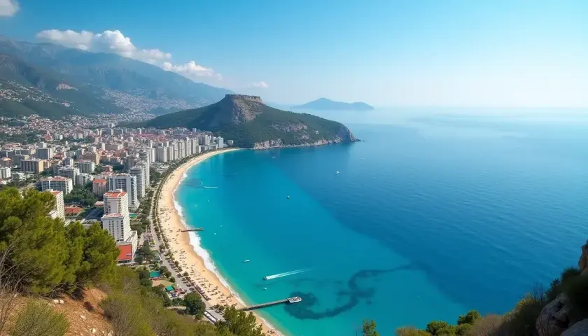 Widok na zatokę z plażą i miastem. Czy to Turcja Egejska, czy Riwiera Turecka? Woda kusi błękitem.