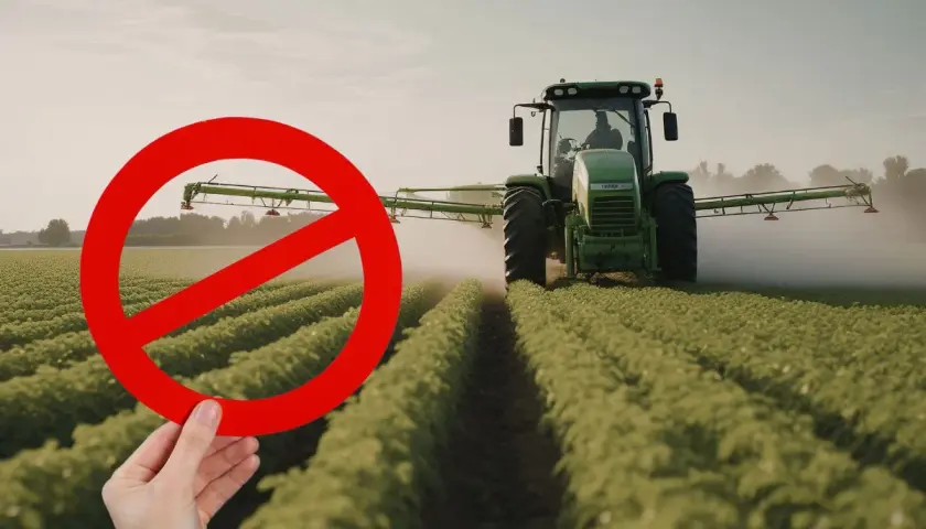Zakaz oprysków na chwasty. Traktor na polu uprawnym, ręka trzyma znak zakazu.
