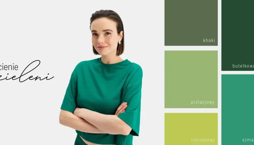 Kobieta w zielonym topie obok palety barw: khaki, pistacjowy, limonkowy, butelkowa zieleń i szmaragdowy. Jaki kolor pasuje do butelkowej zieleni?