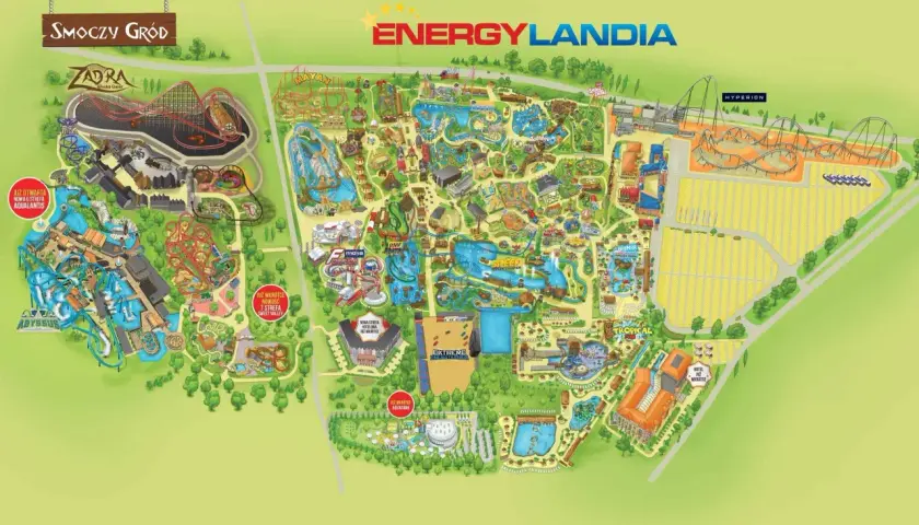 Mapa Energylandia pokazuje, ile atrakcji czeka na odwiedzających: od Smoczego Grodu z Zadra, przez strefy wodne, po Hyperiona.