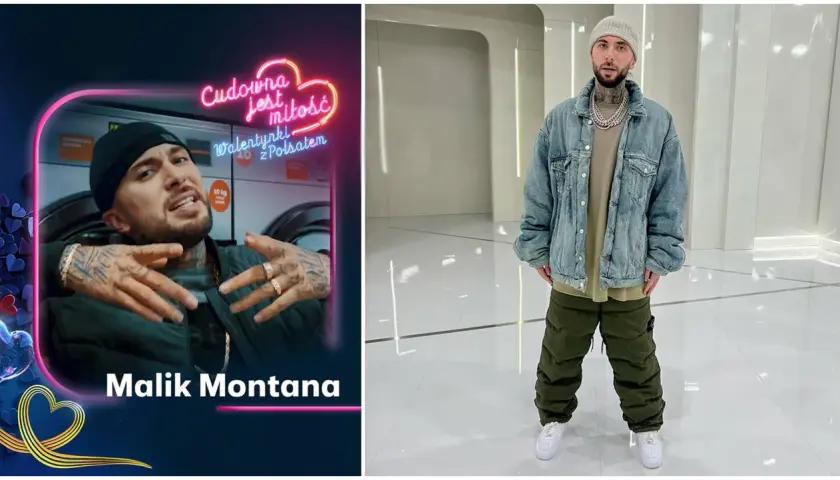 Malik Montana na plakacie z napisem "Cudowna jest miłość. Walentynki z Polsatem" i w stylizacji na koncert.