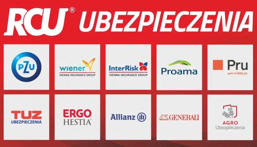 Logotypy znanych agencji ubezpieczeniowych: PZU, Wiener, InterRisk, Proama, Pru, TUZ, Ergo Hestia, Allianz, Generali, Agro Ubezpieczenia.
