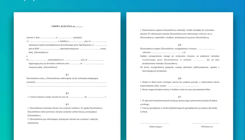 Wzór umowy zlecenia, zgodny z Kodeksem cywilnym, określa prawa i obowiązki stron.