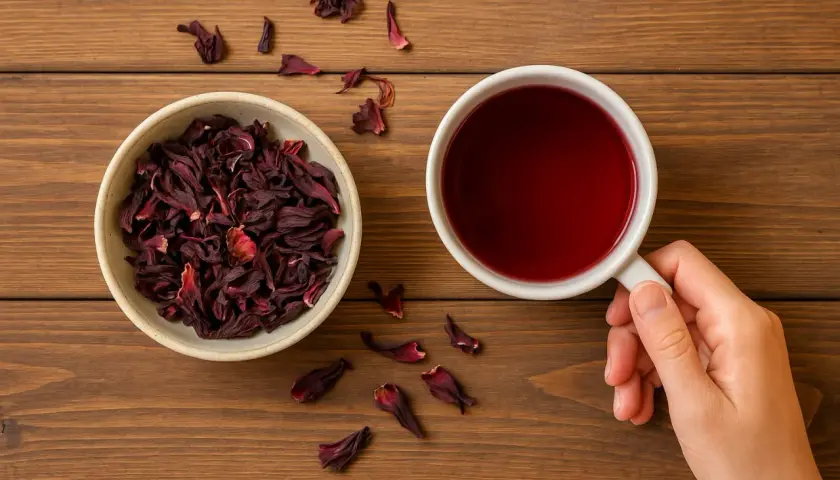 Suszone kwiaty hibiskusa w miseczce i filiżanka czerwonego naparu. Odkryj hibiskus właściwości i ciesz się jego smakiem.