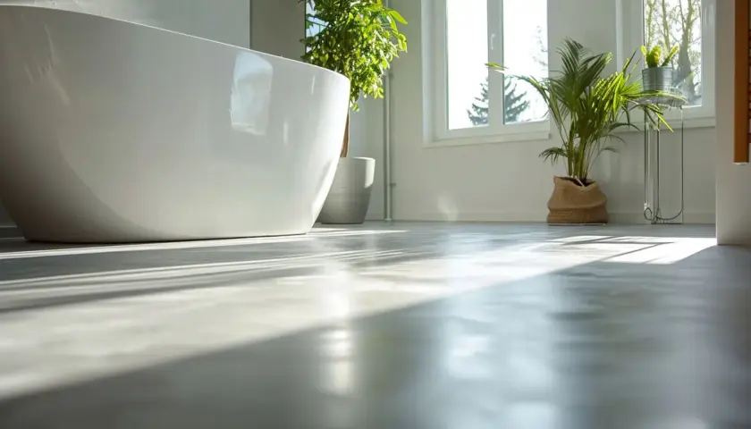 Ett modernt badrum med fristående badkar och gröna växter. Solstrålar lyser upp golvet, som ser ut att vara en våtrumsmatta som är lätt att måla om.