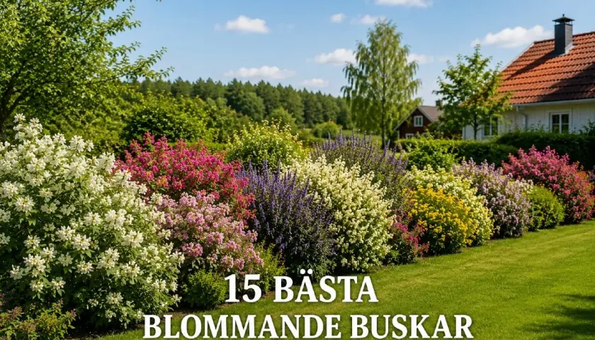 En vacker trädgård med en rad färgstarka blommande buskar i vitt, rosa, lila och gult.