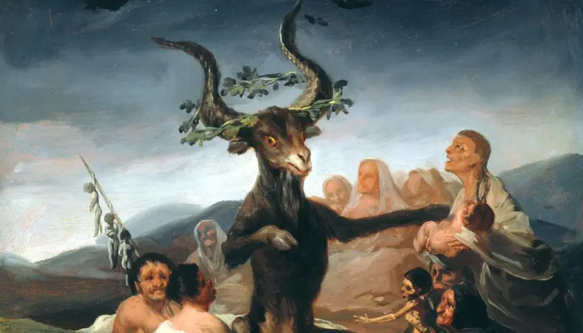Makabryczna scena z kozłem, symbolem satanisty, otoczonym przez przerażonych ludzi i wiszące postacie.