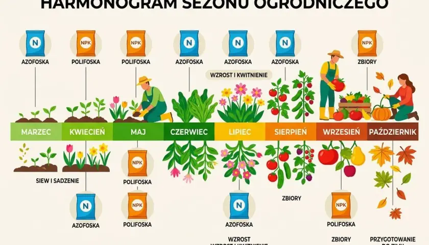 Harmonogram nawożenia: Azofoska do wzrostu i kwitnienia w czerwcu i lipcu, Polifoska do zbiorów we wrześniu.