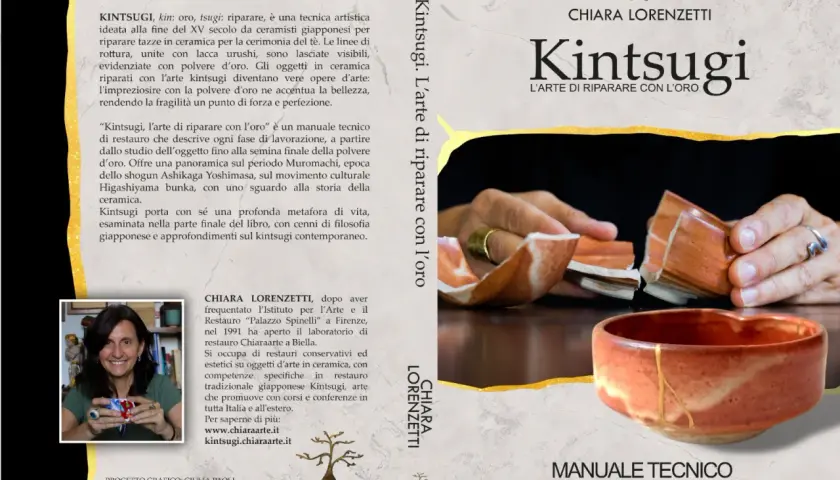 Copertina libro "Kintsugi. L'arte di riparare con l'oro", che illustra la **tecnica kintsugi** di riparazione di ceramiche rotte con polvere d'oro.