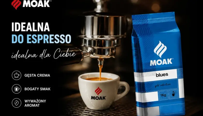 Kawa MOAK Blues, idealna do ekspresu automatycznego, z gęstą cremą, bogatym smakiem i wyważonym aromatem.
