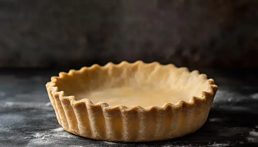 En tom, gyllene matpaj med vågiga kanter står redo att fyllas med läckerheter.