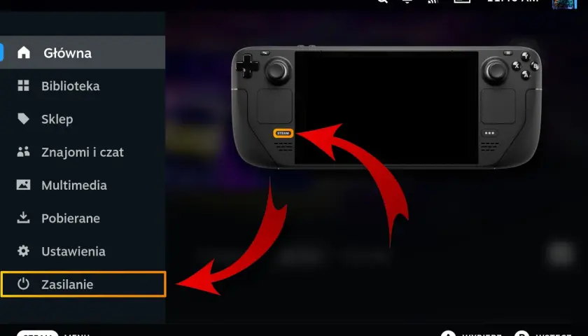 Menu Steam na konsoli, strzałki wskazują przycisk "Steam" i opcję "Zasilanie". Dowiedz się, jak pobrać Steam.