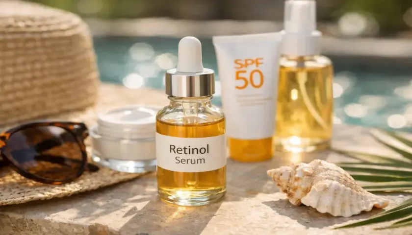 Letnia pielęgnacja: serum z retinolem, krem z filtrem SPF 50 i mgiełka. Czy retinol można stosować latem? Tak, z ochroną przeciwsłoneczną!